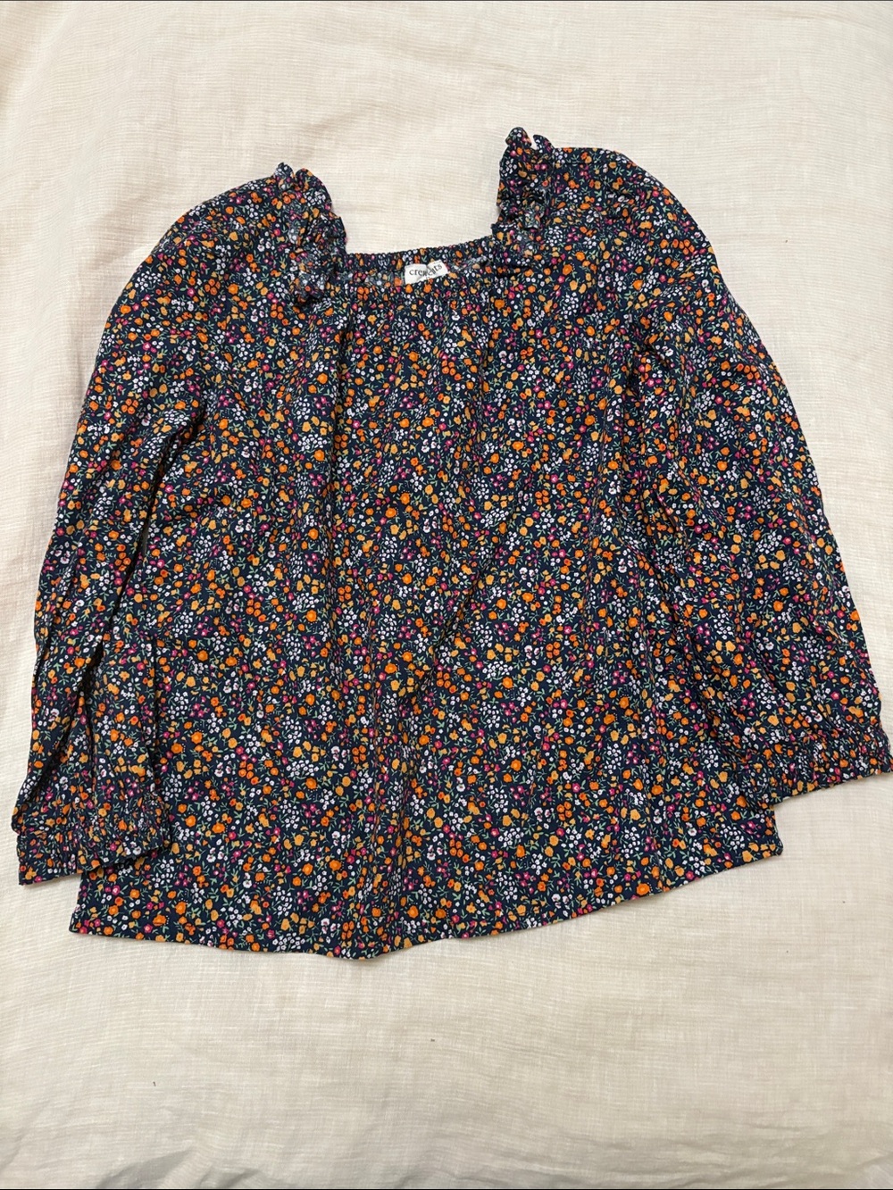 Crewcuts Navy Floral Ruffle-Neck Top with Orange, Pink & White Blooms